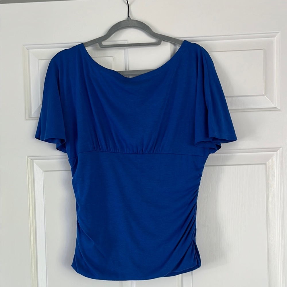 Blue Flutter Sleeve Ruched Blouse